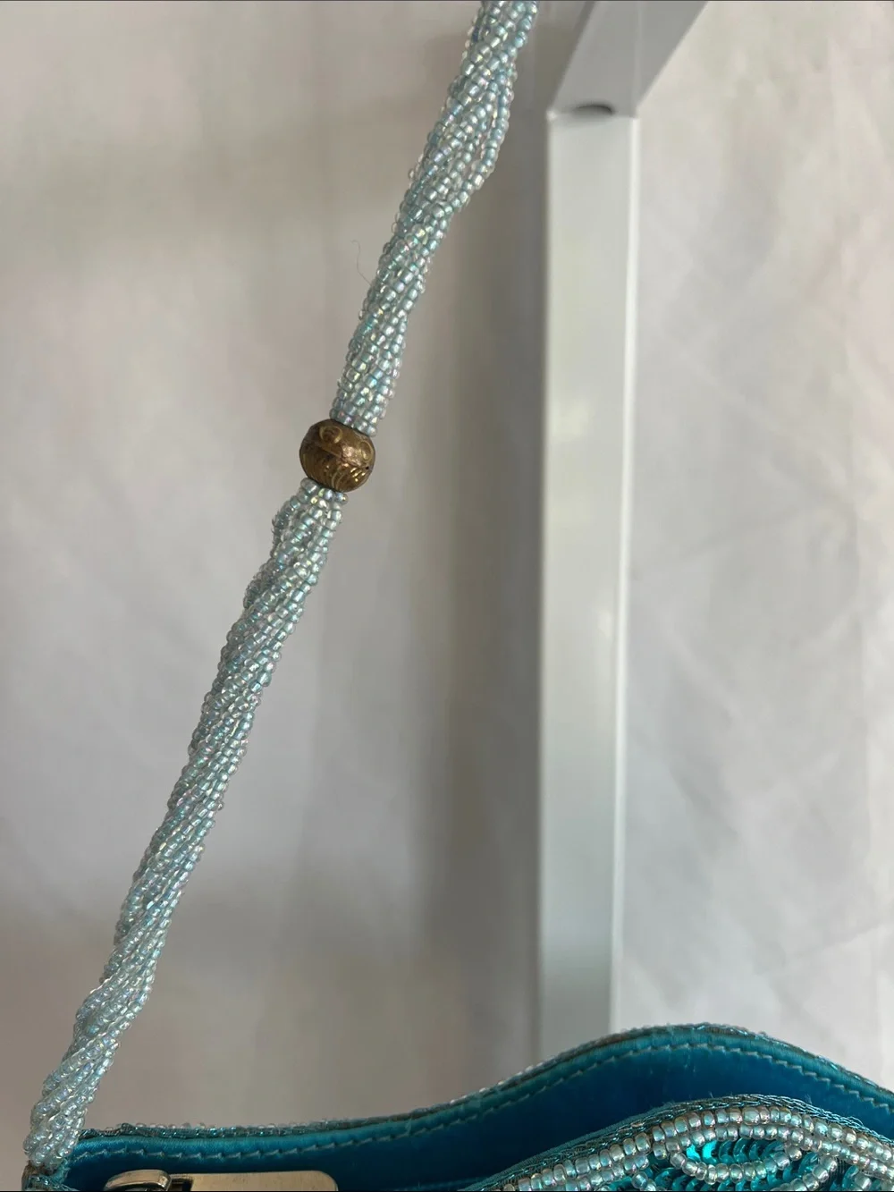 Embellished Vintage Turquoise Sequin Shoulder Bag Peacock Design Beaded Strap